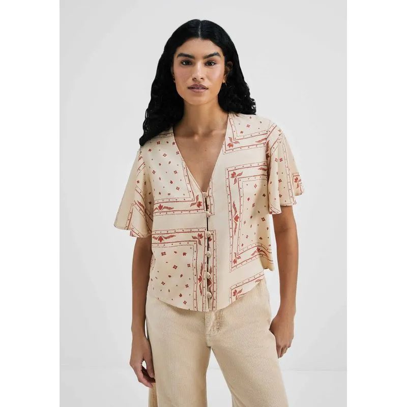 Blusa Feminina Estampada Decote V Com Botões - Bege G