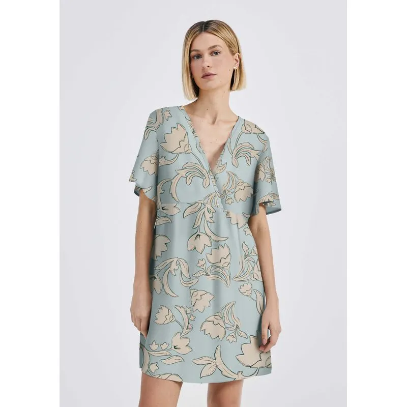 Vestido Curto Estampado Em Viscolinho - Verde M