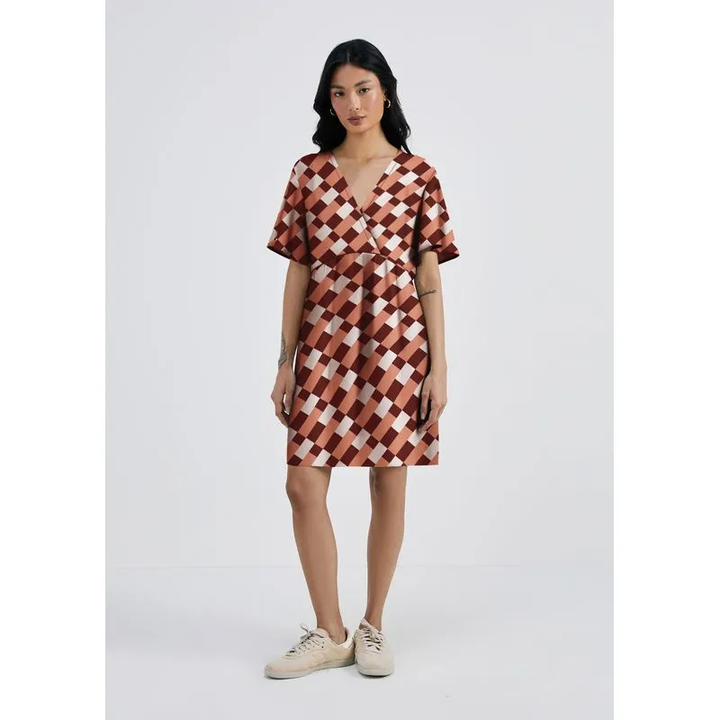 Vestido Curto Estampado Em Viscolinho - Vinho G