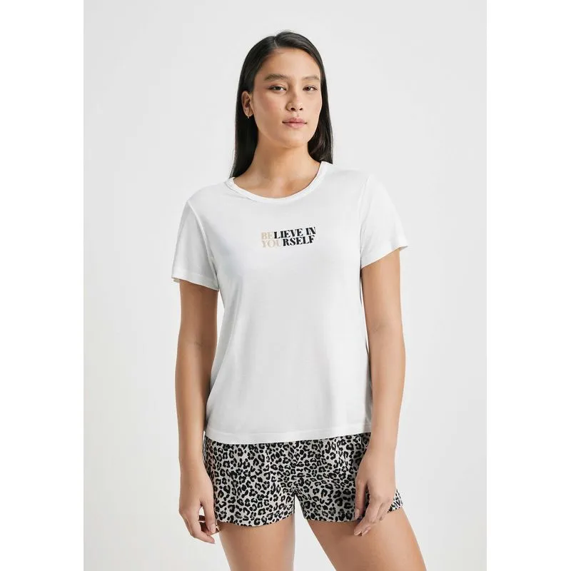 Pijama Curto Feminino Estampado - Bege P