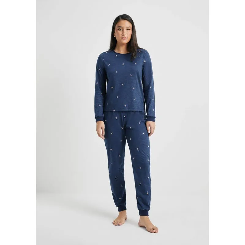 Pijama Longo Feminino Estampado Em Malha Flamê - Azul XG