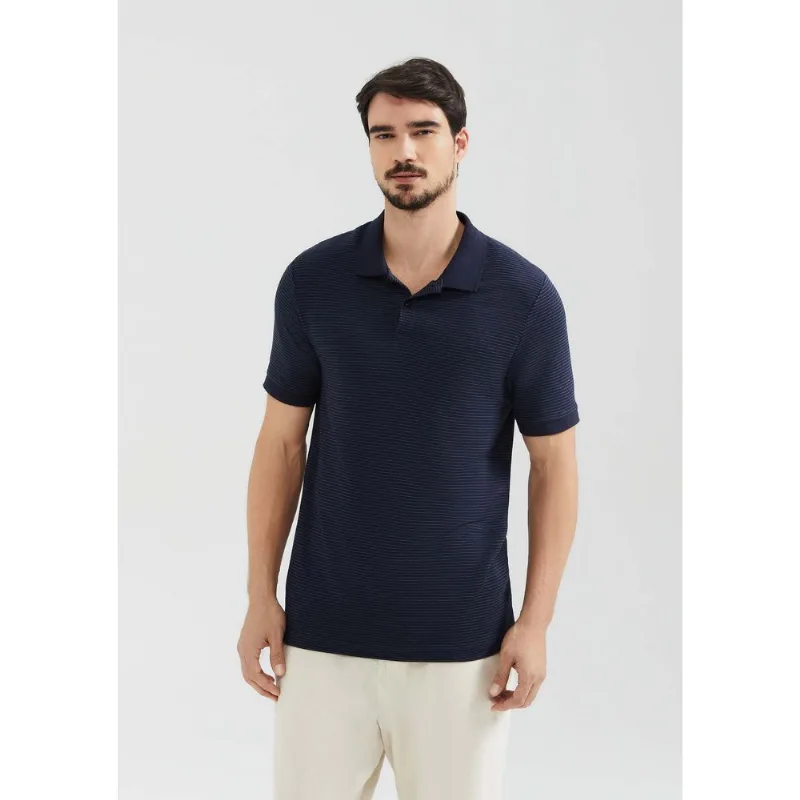 Camisa Polo Masculina Listrada Manga Curta - Azul XG