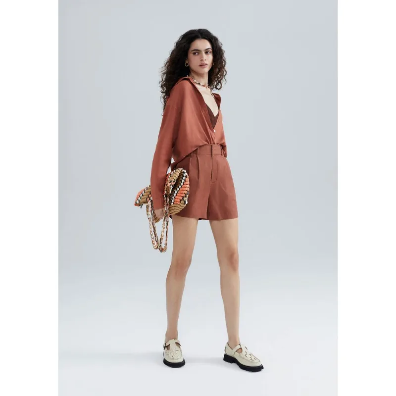 Shorts Feminino De Alfaiataria Em Linho - Marrom 042