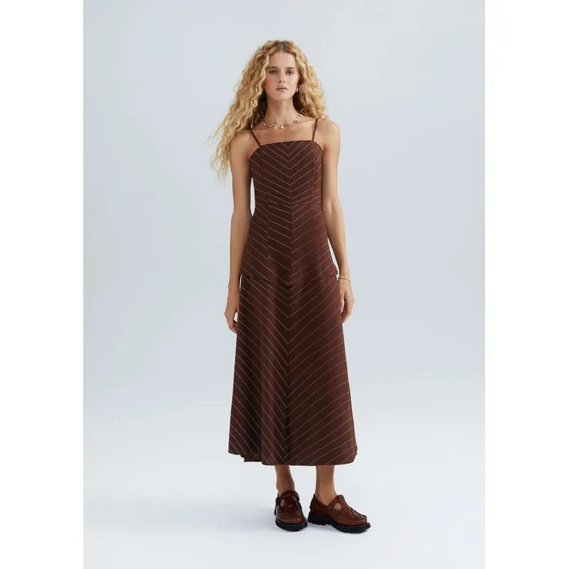 Vestido Midi Fio Tinto Com Linho - Marrom M