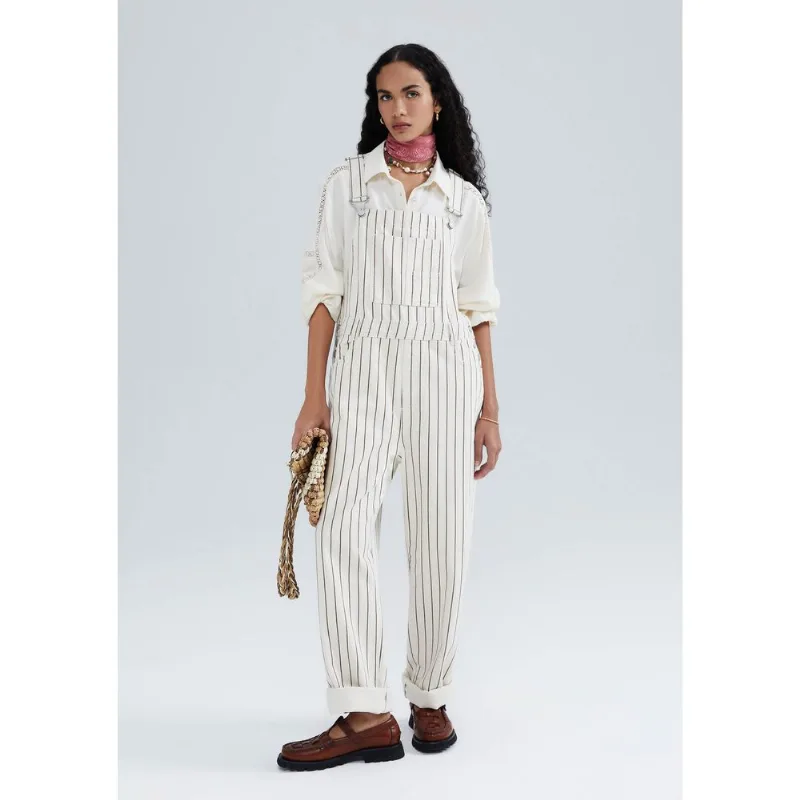 Jardineira Longa Listrada Em Sarja - Off white M