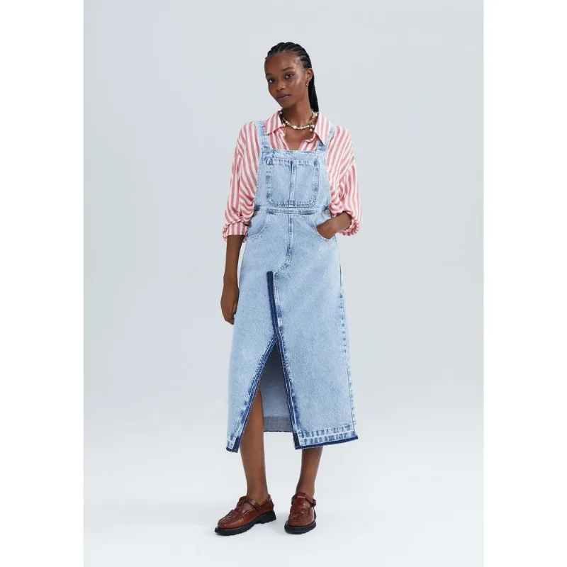 Salopete Jeans Longa Com Fenda - Azul G