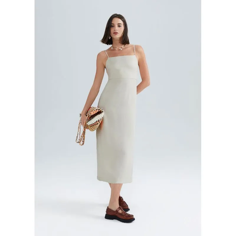 Vestido Midi Alças Finas Em Peach Touch - Bege M