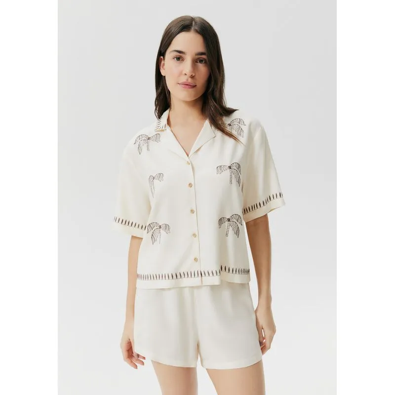 Pijama Curto Feminino Com Camisa Estampada - Off white G
