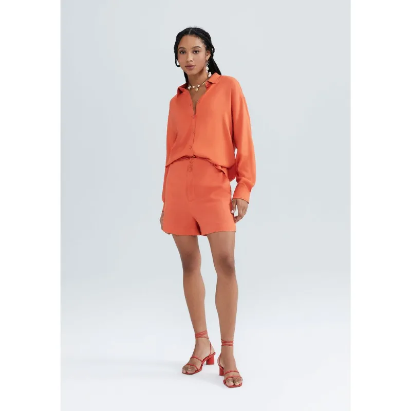 Shorts Feminino Cintura Alta Em Alfaiataria Em Viscolinho - Laranja 036