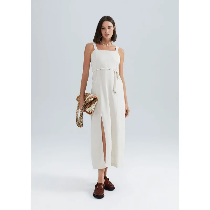 Vestido Midi Com Fenda Em Viscolinho - Off white XG