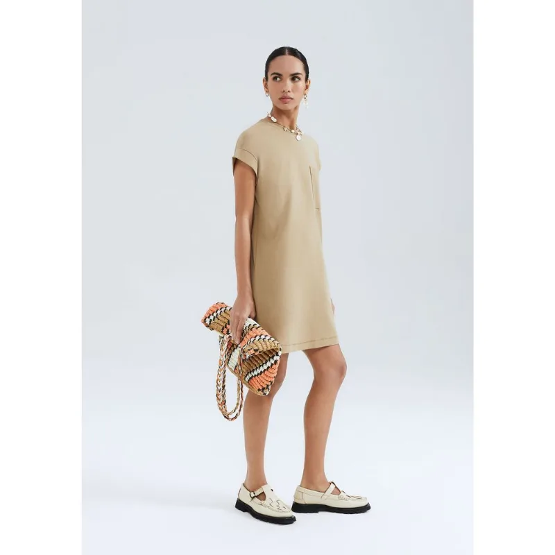 Vestido Básico Curto Texturizado Com Bolso - Caqui M