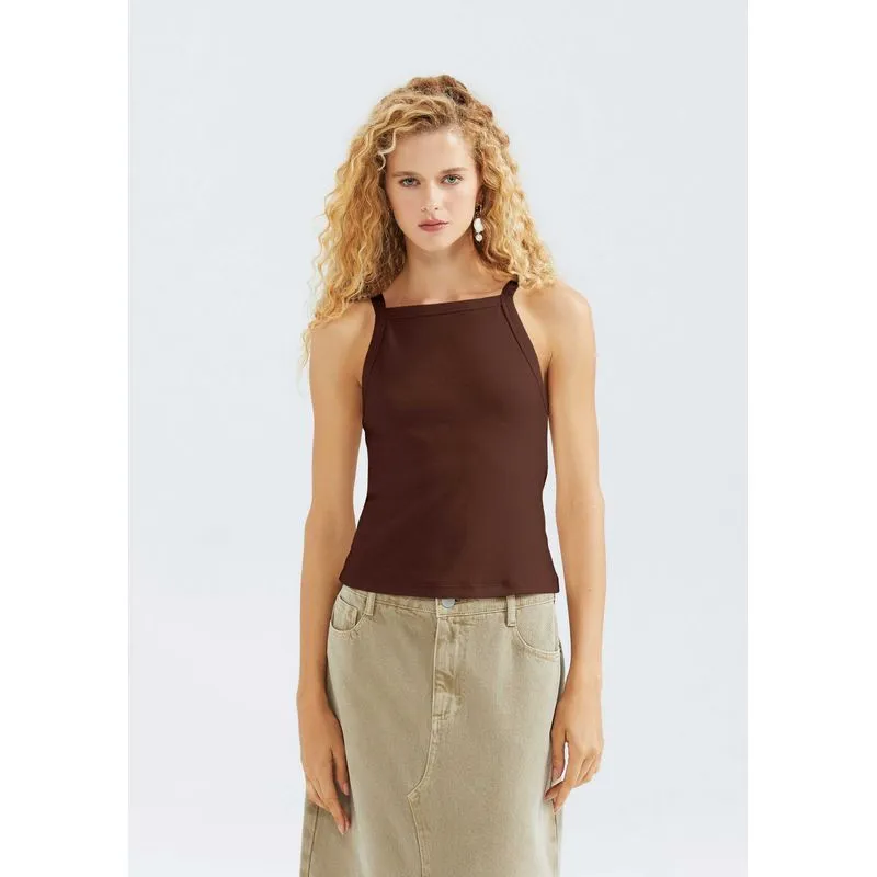 Regata Feminina Decote Reto Em Ribana - Marrom P