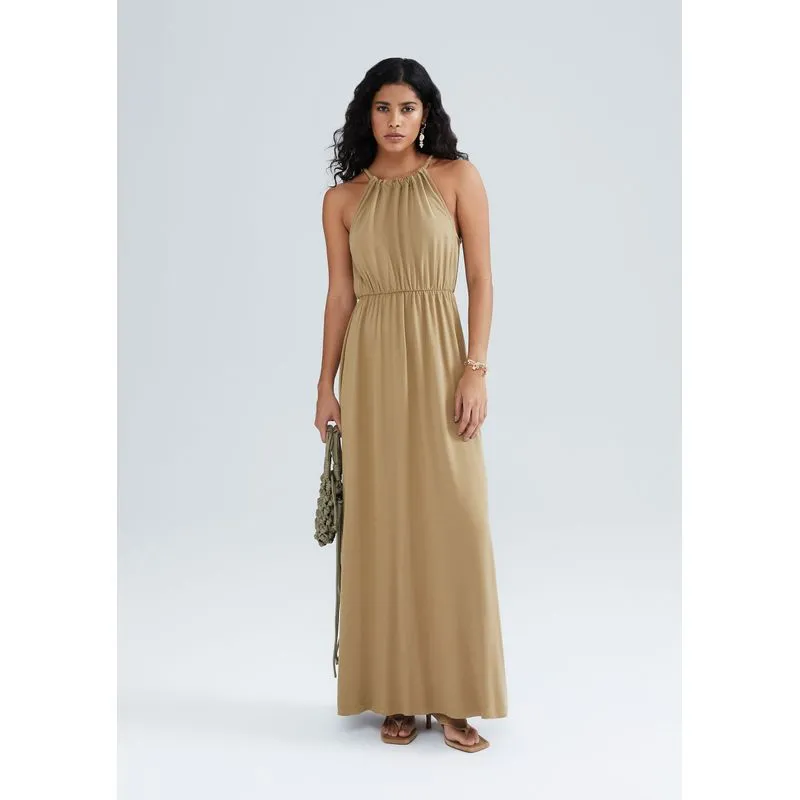 Vestido Longo Decote Halterneck - Caqui M