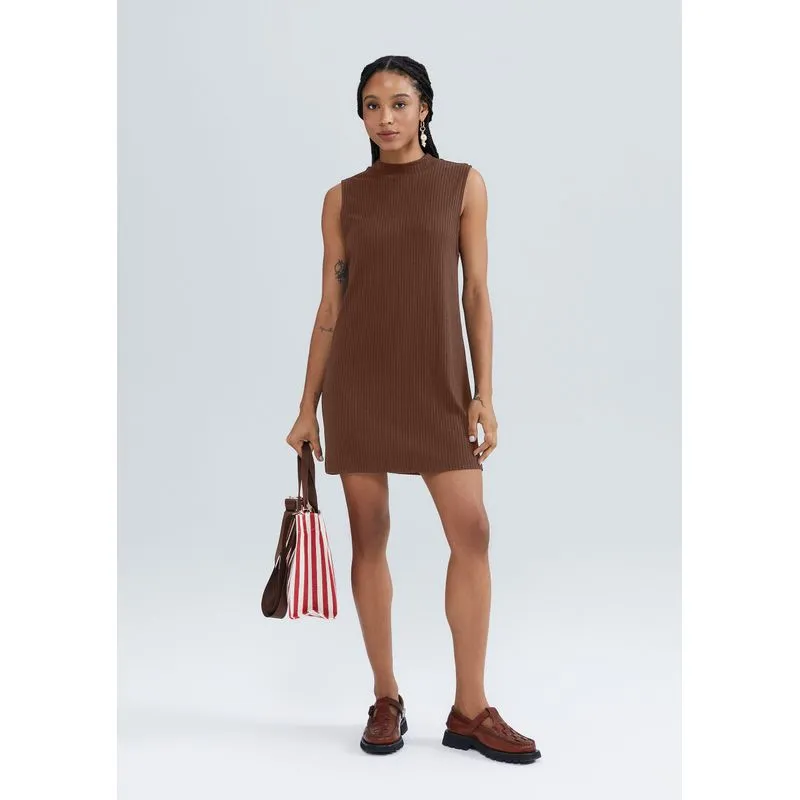 Vestido Curto Gola Alta Em Ribana - Marrom P