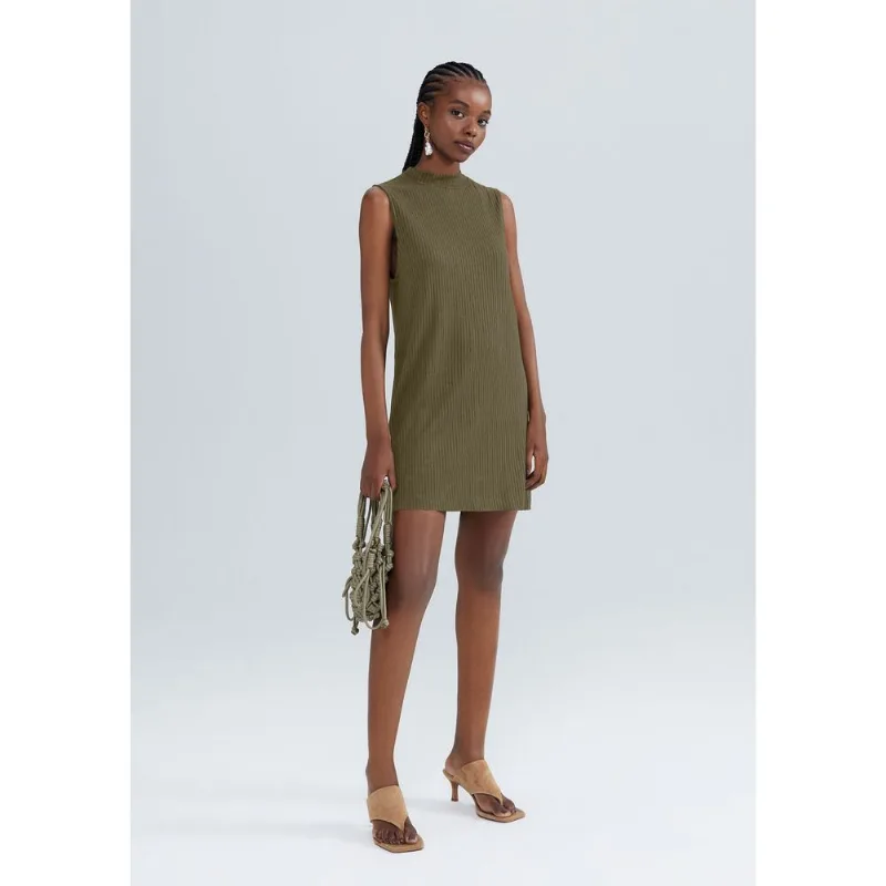 Vestido Curto Gola Alta Em Ribana - Verde XG