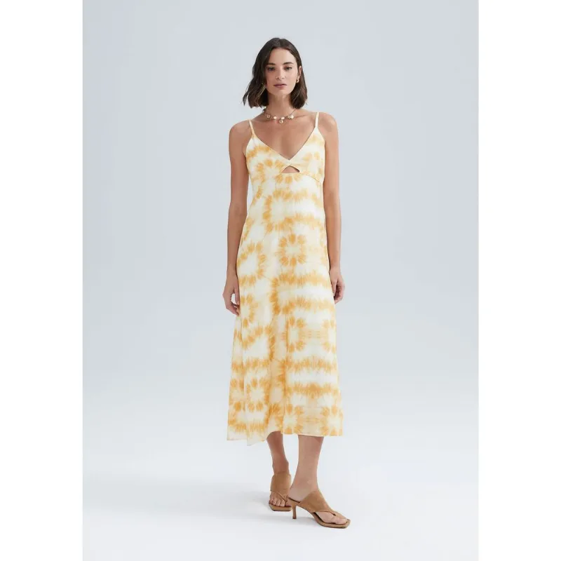 Vestido Midi Alças Finas Estampado - Amarelo XG