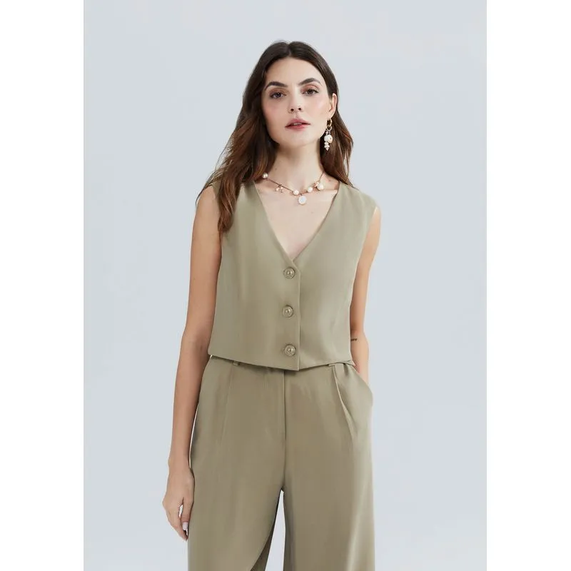 Colete Feminino Cropped Em Viscose - Caqui P