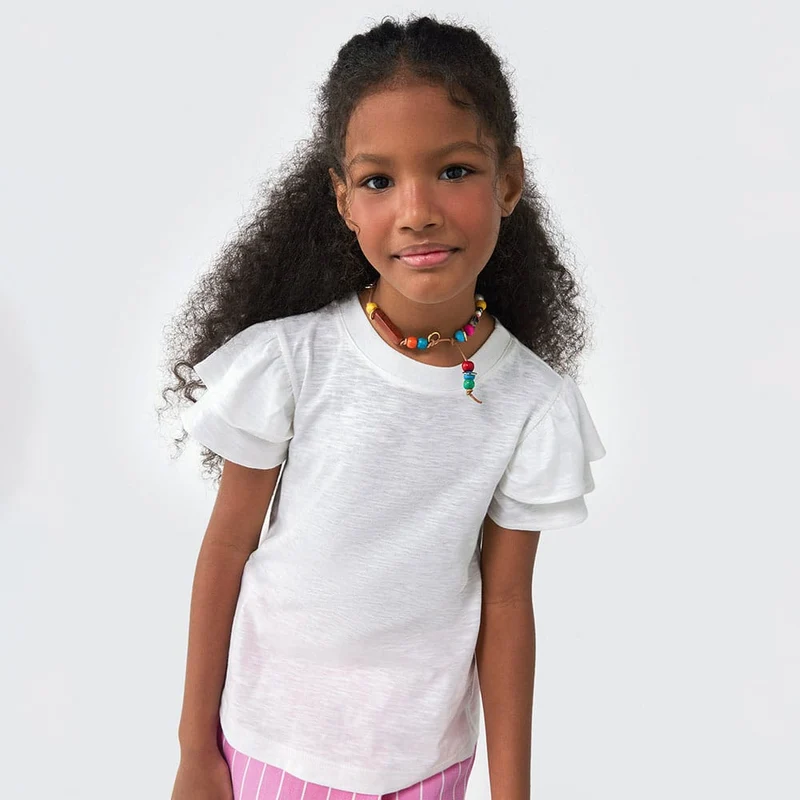 Blusa Branca Manga Curta com Babado Hering Infantil - Feminino 08 / Menina