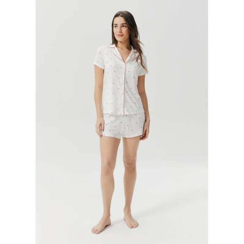 Pijama Curto Feminino Estampado Com Botões - Off white P