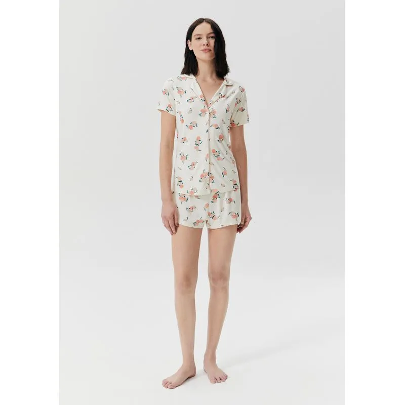 Pijama Curto Feminino Estampado Com Botões - Off white P
