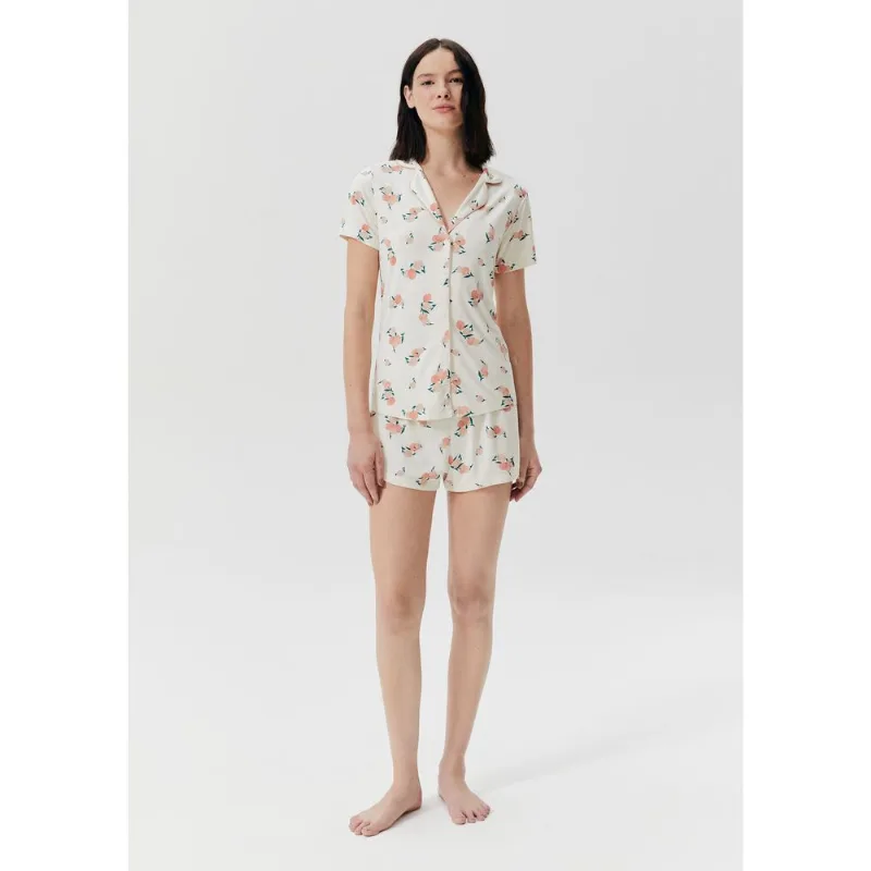 Pijama Curto Feminino Estampado Com Botões - Off white XG