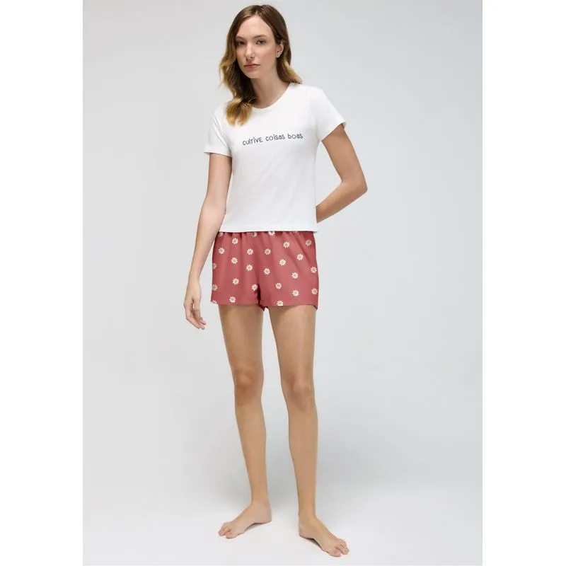 Pijama Curto Feminino Com Estampa - Off white M