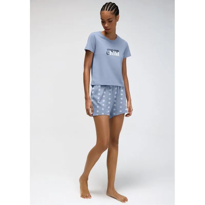 Pijama Curto Feminino Com Estampa - Azul P