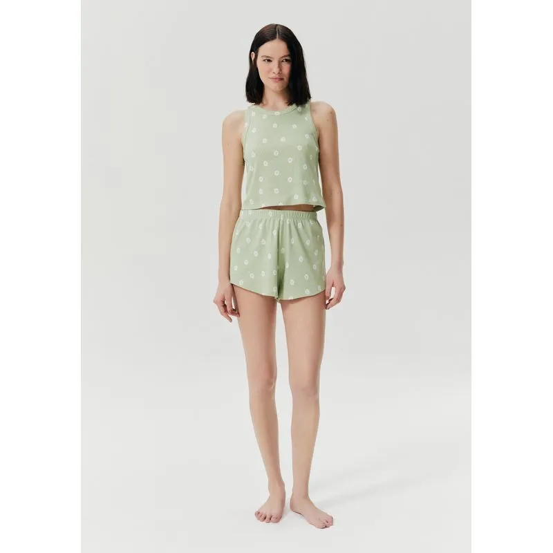 Pijama Curto Feminino Estampado Em Ribana - Verde M