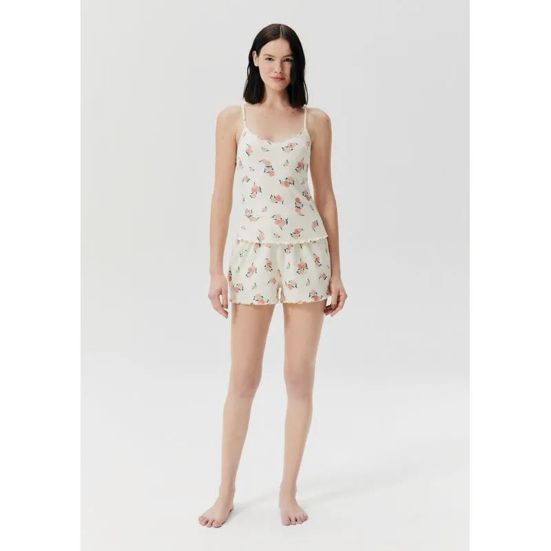 Pijama Curto Feminino Estampado Em Ribana - Off white XP