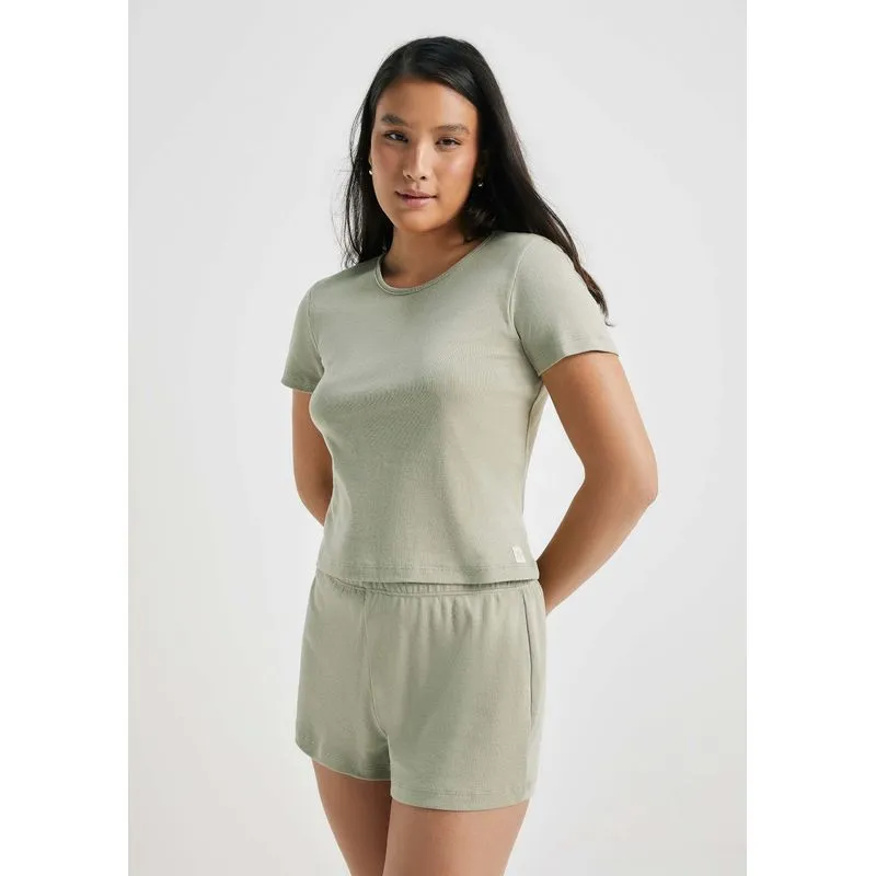 Pijama Curto Feminino Em Ribana Canelada - Verde XP