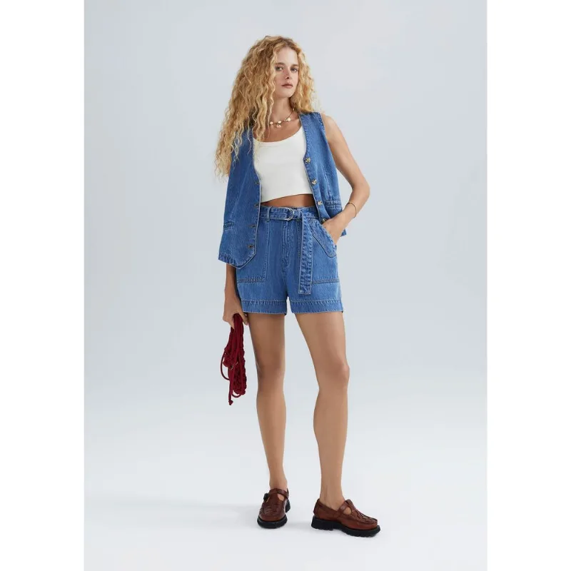 Shorts Jeans Feminino Cintura Média Com Cinto - Azul 036