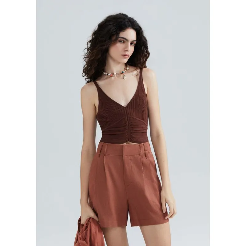 Regata Cropped Feminina Em Tricô Leve - Marrom G