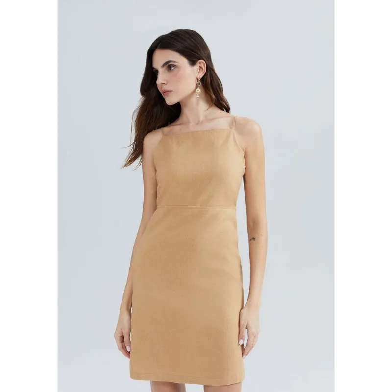 Vestido Curto Acinturado Com Linho - Bege P