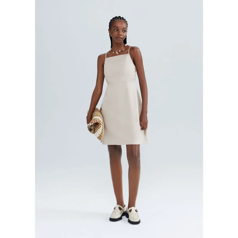 Vestido Curto Acinturado Com Linho - Bege P