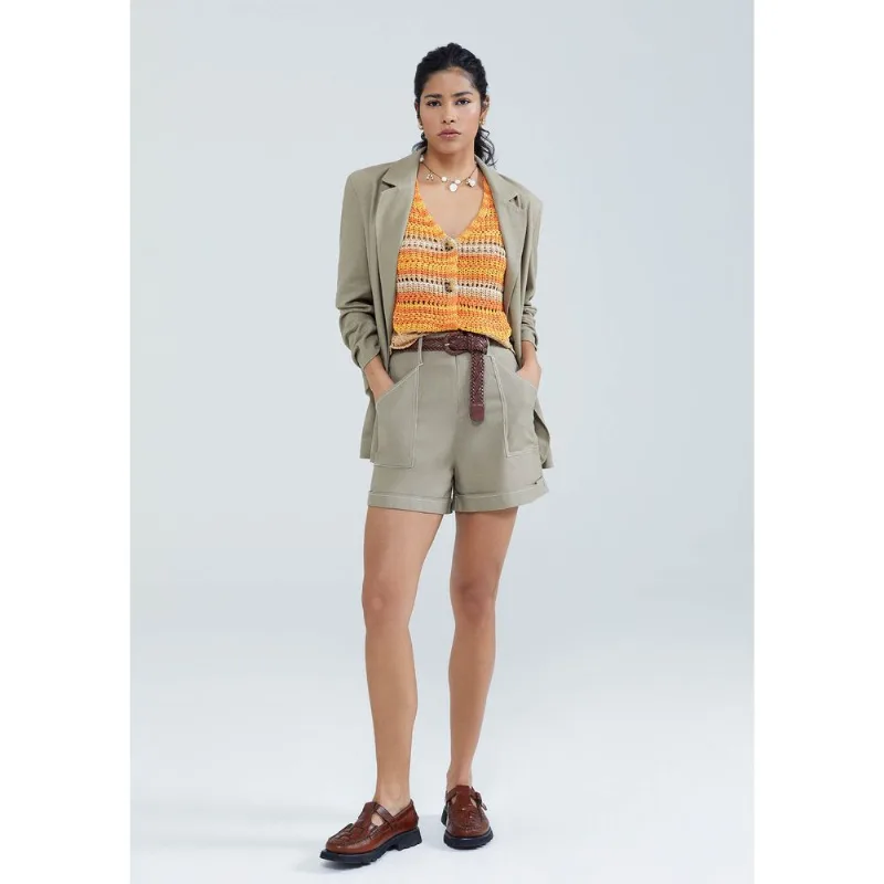 Shorts Feminino Cintura Alta Com Linho - Caqui 044