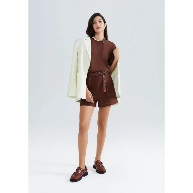 Shorts Feminino Cintura Alta Com Linho - Marrom 040