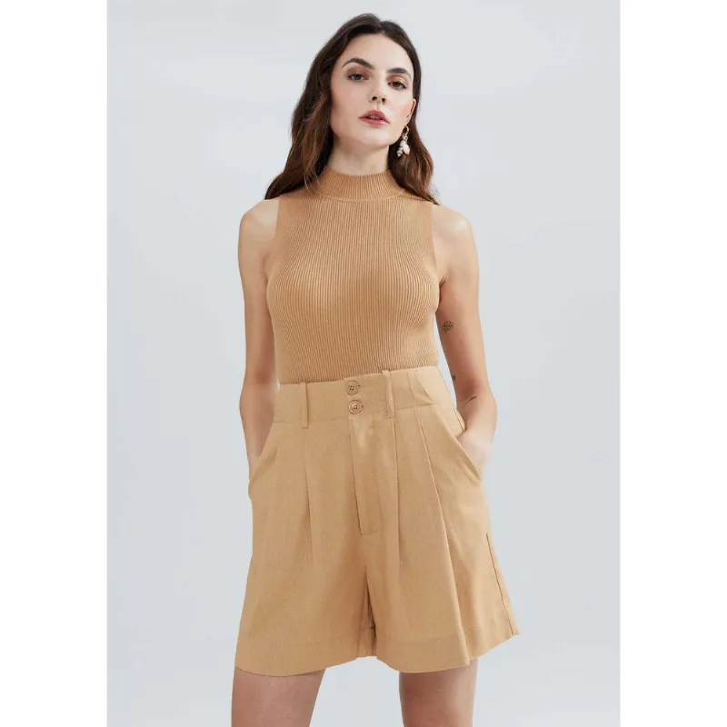 Shorts Feminino Em Alfaiataria Com Linho - Bege 034