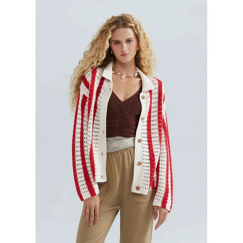 Cardigan Feminino Listrado Gola Polo Em Tricô - Vermelho M