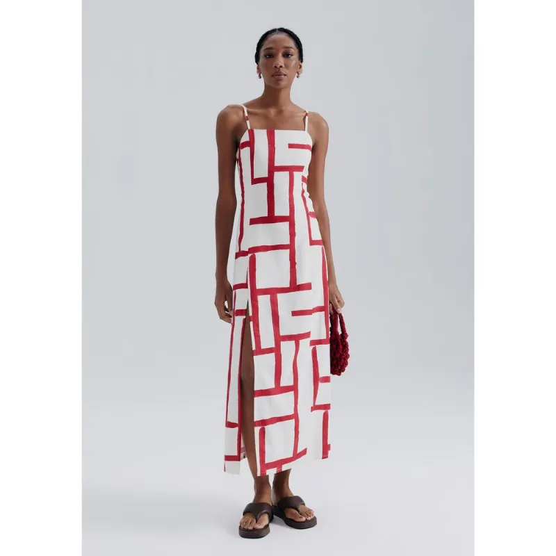 Vestido Midi Estampado Com Linho - Vermelho XG