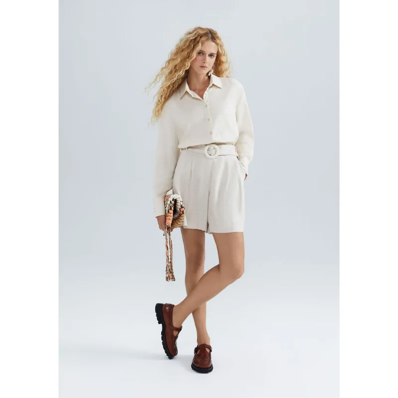 Shorts Feminino Em Alfaiataria Com Linho - Bege 046