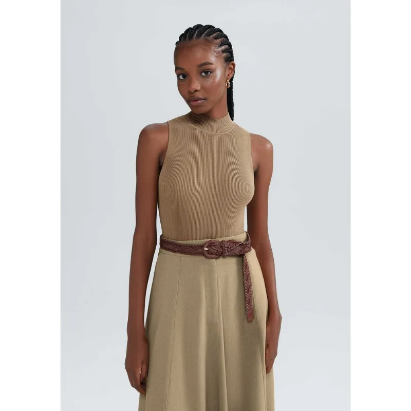 Regata Básica Feminina Gola Alta Em Tricô Canelado - Marrom M