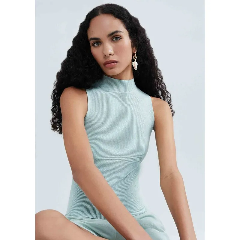 Regata Básica Feminina Gola Alta Em Tricô Canelado - Verde XG