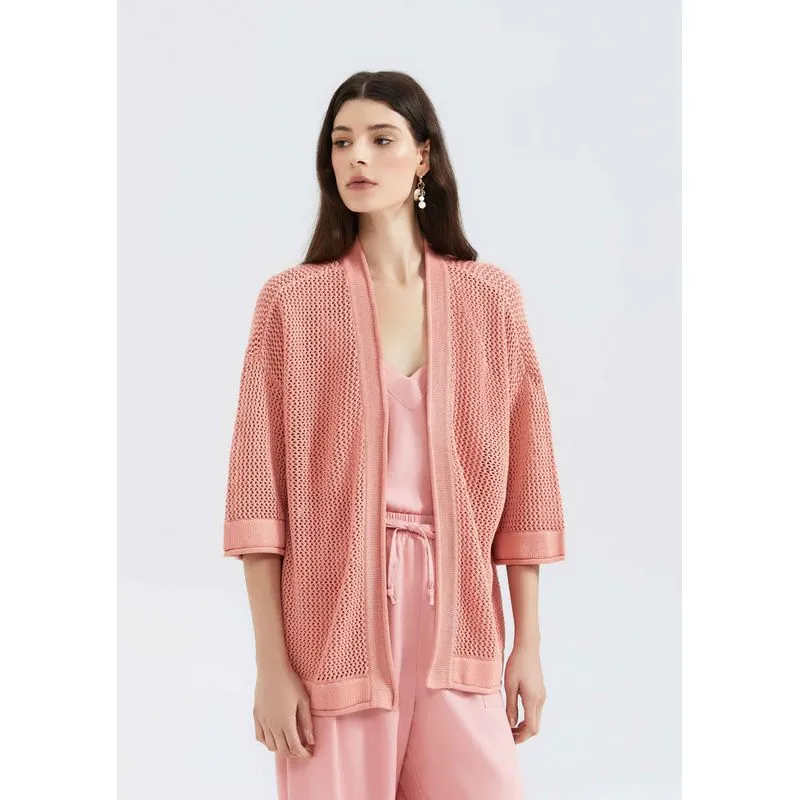 Kimono Feminino Manga 7/8 Em Tricô Texturizado - Rosa P