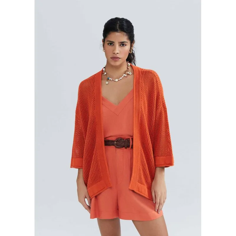 Kimono Feminino Manga 7/8 Em Tricô Texturizado - Laranja M