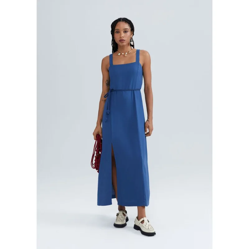 Vestido Midi Com Fenda Em Viscolinho - Azul G