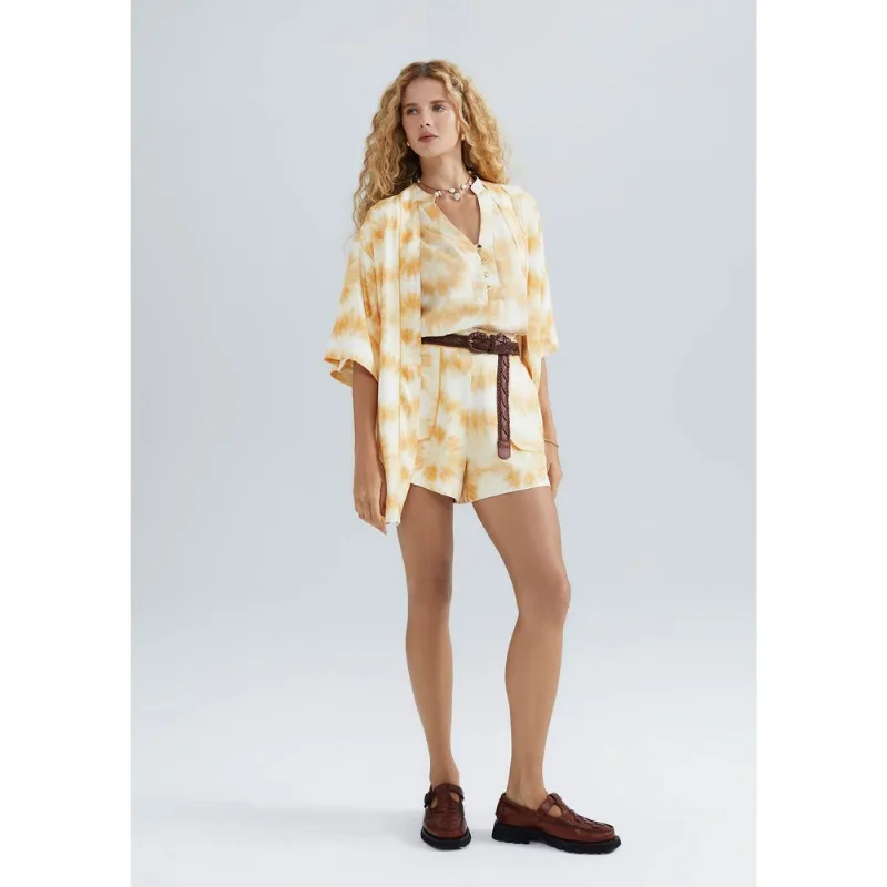 Shorts Feminino Estampado Em Viscose - Amarelo XG