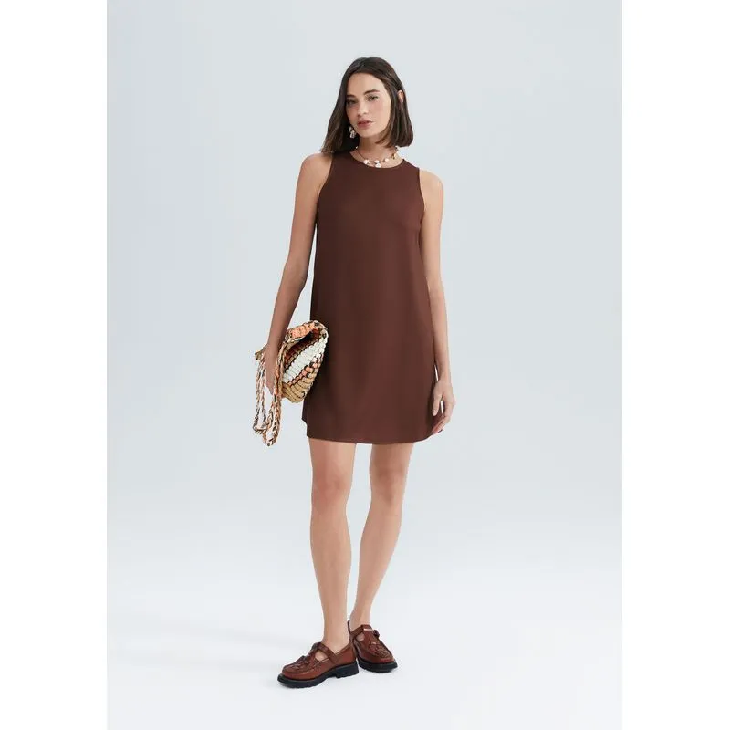 Vestido Básico Curto Trapézio Em Viscose - Marrom XG