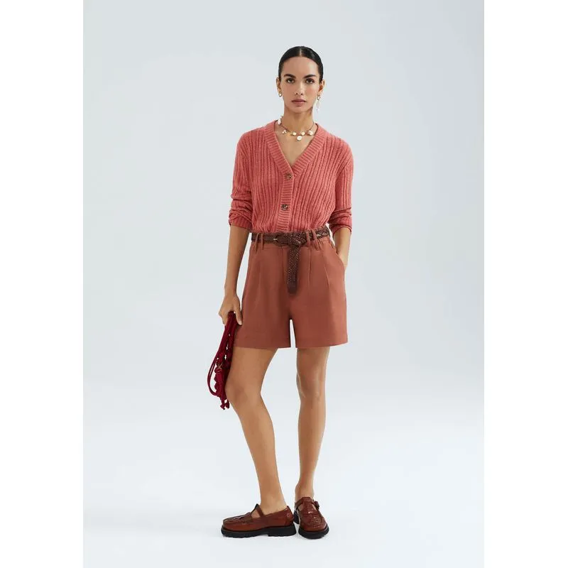 Cardigan Feminino Decote V Em Tricô - Rosa M