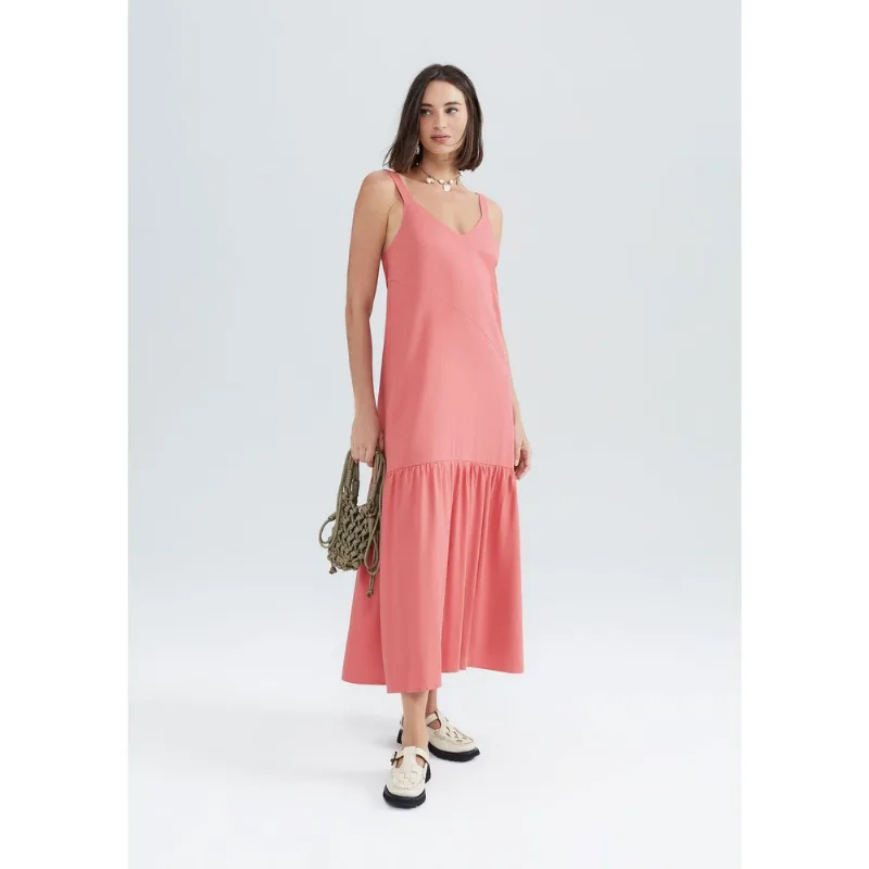 Vestido Midi Com Franzidos Em Viscolinho - Rosa G