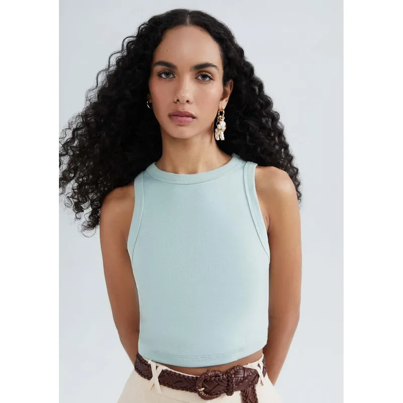 Regata Feminina Cropped Decote Halter Neck Em Ribana Canelada - Verde XXG